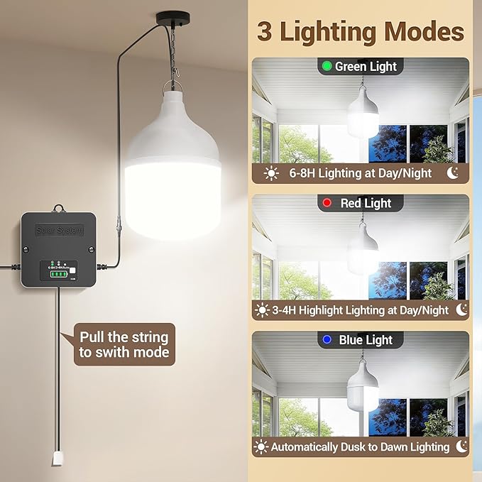 Solar Shed Light Indoor Outdoor, 6500K Daytime Available Pendant Light with Pull String, Power Display & Mode Indicator, IP65 Waterproof Solar Lights with 3 Lighting Modes for Garage Gazebo - 2 Pack