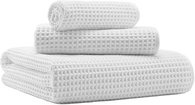 MICROFI Microfiber Waffle Bath Towels, 3 Pieces, Oversized, Soft, Absorbent, Fast Drying, Lint Free, Includes Bath, Face and Hand Towels 430 GSM