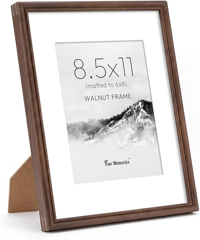 8.5x11 Picture Frame with Mat for 6x8, USA-Sourced Natural Walnut Wood Handcrafted Rounded Corner with HD Tempered Glass, 8.5 x 11 Photo Frames Gallery Wall & Tabletop, Vertical or Horizontal Display