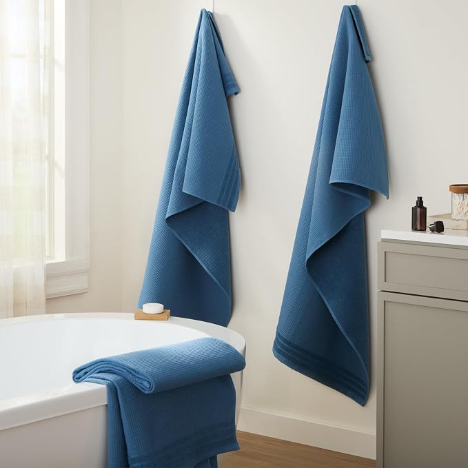 Town & Country Basics 4-Piece Waffle Woven Terry Stripe Bath Towel Set, 30x56-Inch, 100% Cotton, Quick Dry, Blue