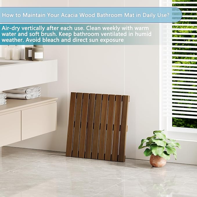 19.7"x19.7"Solid Acacia Wood Shower Mat, Non Slip Wooden Bath Mat, Indoor Outdoor Entryway Door Mat Multi-Purpose Plant Stand for Shower Bathtub Pool Spa Garden (Medium)