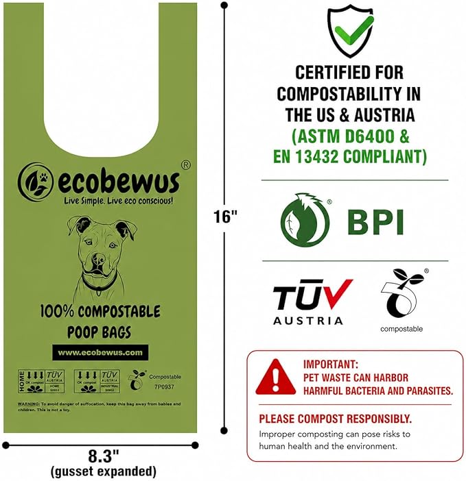 100% Compostable Handle-Tie Doggy Poop Bags (240 Bags) 16 Refill Rolls Plant-Based Cornstarch ASTM D6400 & EN 13432 Compliant HOME Certiified Compostabel Pet Dog Waste Bags (240 ct.)