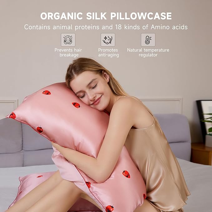 THXSILK Mulberry Silk Pillowcase for Hair and Skin, Grade 6A+ Organic Mulberry Silk Pillow Case with Hidden Zipper, King Size 20"x36" Silk Pillow Case, 1pc, Pink Strawberry