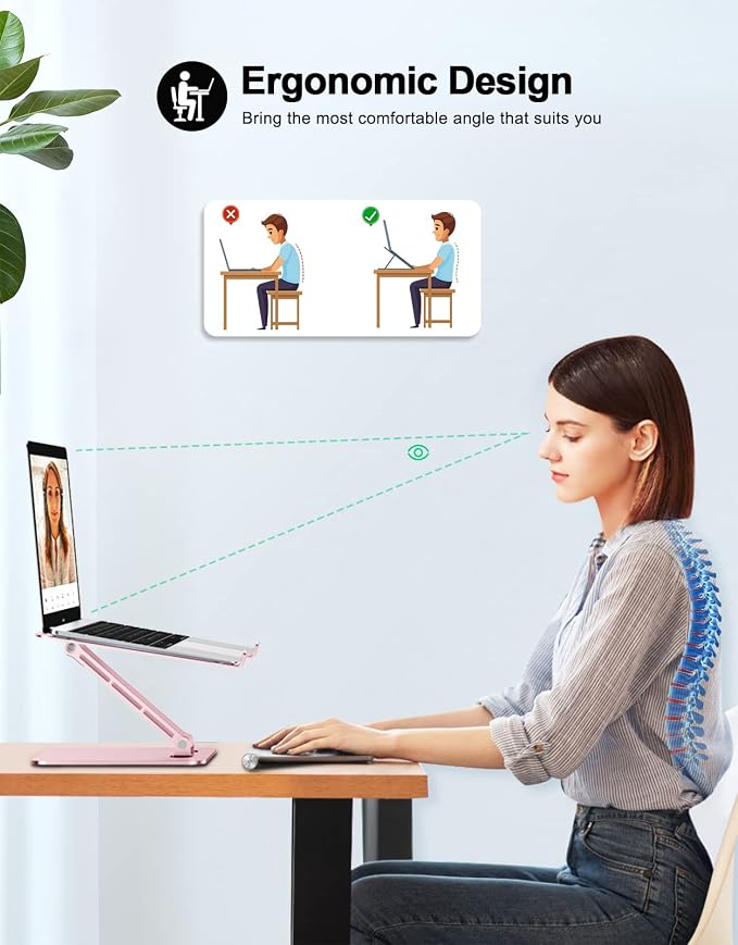 RIWUCT Foldable Aluminum Alloy Laptop Stand for Desk, Height Adjustable Ergonomic Computer Stand, Portable Laptop Riser Holder Printer Stand Compatible with MacBook Pro Air/HP/Dell 10-16", Pink