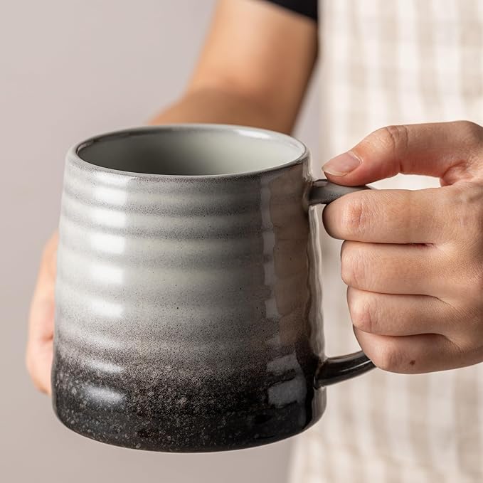 15.5 Oz Large Reactive Glaze Ceramic Mug, Heavy Weighted Stoneware Coffee Cup, Wide Base, Thick Wall Big Tea Cup with Custom Package Box, Microwave & Dishwasher Safe (Grey Black)