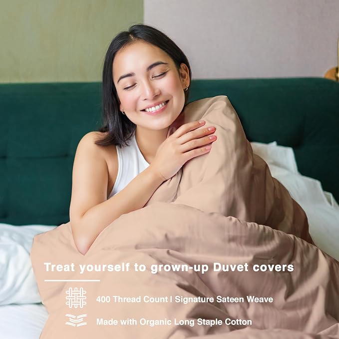 Fabdreams GOTS Certified 100% Organic Cotton Duvet Cover King Size - 400 TC Sateen - Soft - Silky - Button Closure - Edge Ties - 1 Duvet Cover (106"x92")+2 Pillow Shams (20"x36") - Taupe