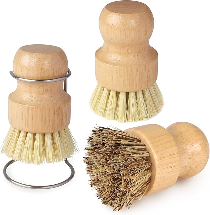 Bamboo Dish Brush Set with Holder, 2 Sisal Dish Brushes & 1 Palm Scrub Brush, Natural Kitchen Scrub Brush for Dishes, Pots, Pans, Sink