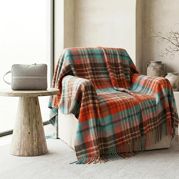 Soft Pure Wool Throw Blanket, Lightweight Warmth, 55"x83", Plaid, Fringe, Compact with Bag, Useful Gift for Women Men, All Season Decorative Cozy Travel Blanket for Couch Bed, Outdoors