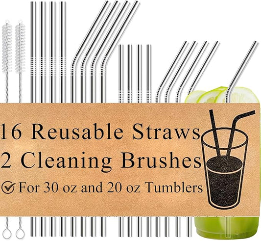 18-Pack Reusable Stainless Steel Metal Straws with Cleaning Brush - Long Metal Straws Drinking for 30 oz and 20 oz Tumbler Eco Friendly