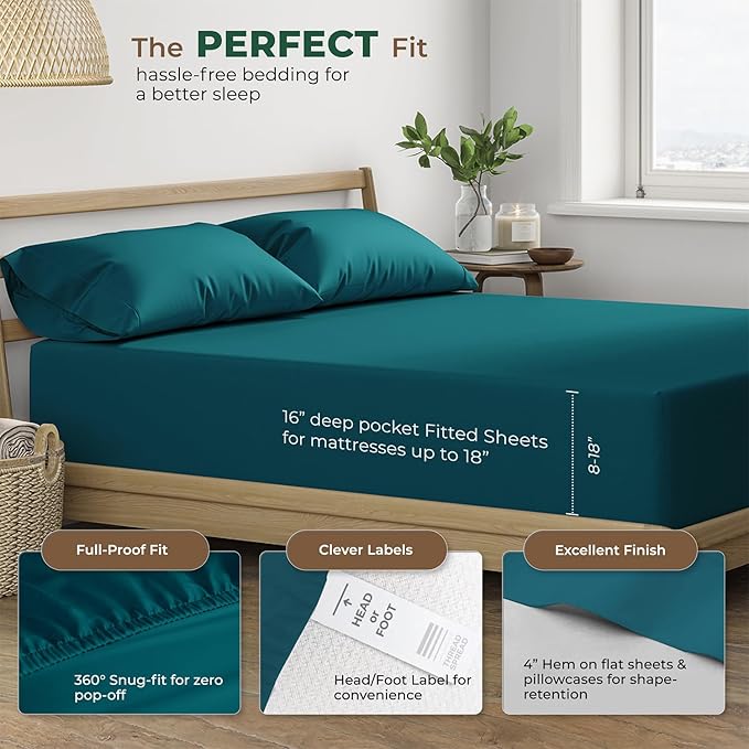 THREAD SPREAD 100% Organic Cotton Sheets Twin Size - 3 PC Organic Cotton Twin Size Percale Weave Sheet Set, Soft, Cooling, Crisp & Breathable, 16" Deep Pocket Bedding Set for Dorm Room - Teal