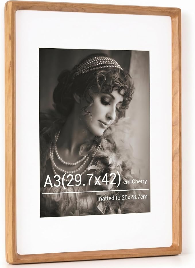 A3 Picture Frame, USA-Sourced Cherry Wood Photo Frames with HD Tempered Glass, Handcrafted Rounded Corner A3 Wooden Frame Matted to A4 Photos, Tabletop or Wall Display