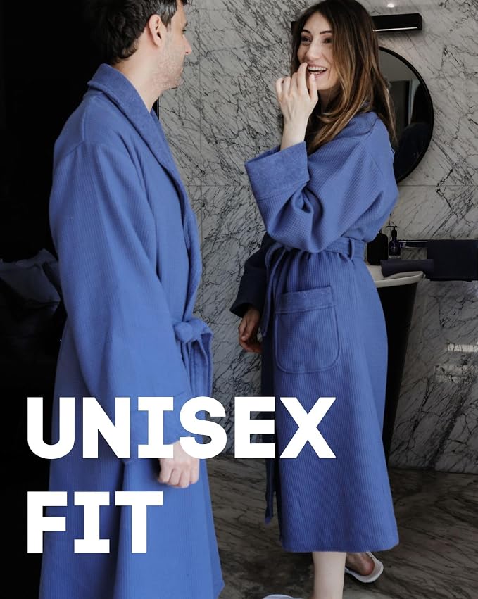 sea me at home Turkish Cotton Waffle Bathrobe, Luxury Spa Hotel Shawl Collar Robe for Women & Men, Plush Terry Inside