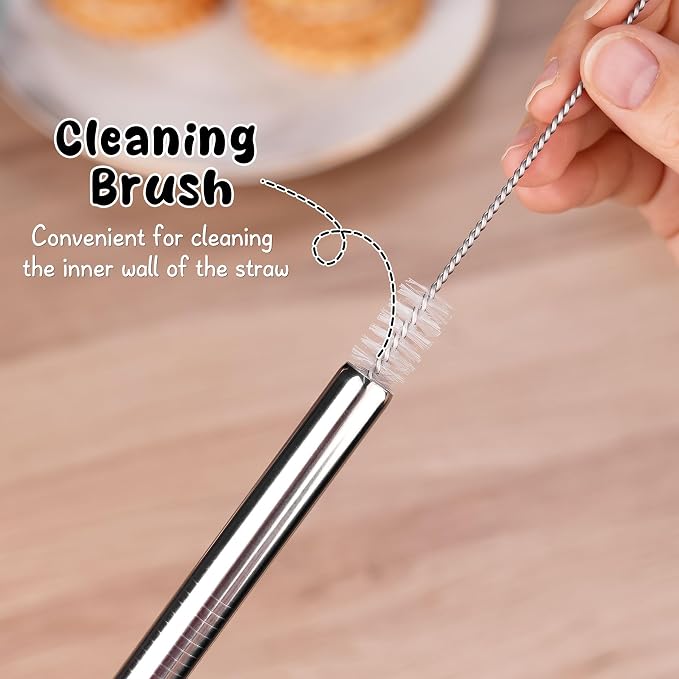 NiHome 4-Pack Stainless Steel Straws for Boba, Smoothie, 10.4” Metal Straws | 0.5'' Extra Wide Metal Reusable Straws, 2 Bent & 2 Straight Long Drinking Straw for Bubble Tea, Milkshake, 1 Brush, Silver