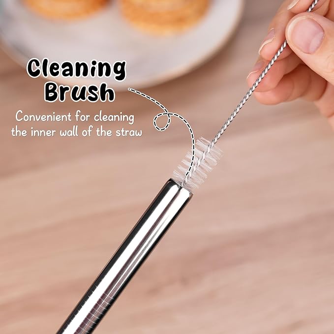 NiHome 8-Pack Stainless Steel Straws for Boba, Smoothie, 10.4” Metal Straws | 0.5'' Extra Wide Metal Reusable Straws, 4 Bent & 4 Straight Long Drinking Straw for Bubble Tea, Milkshake, 2 Brushes, Silver