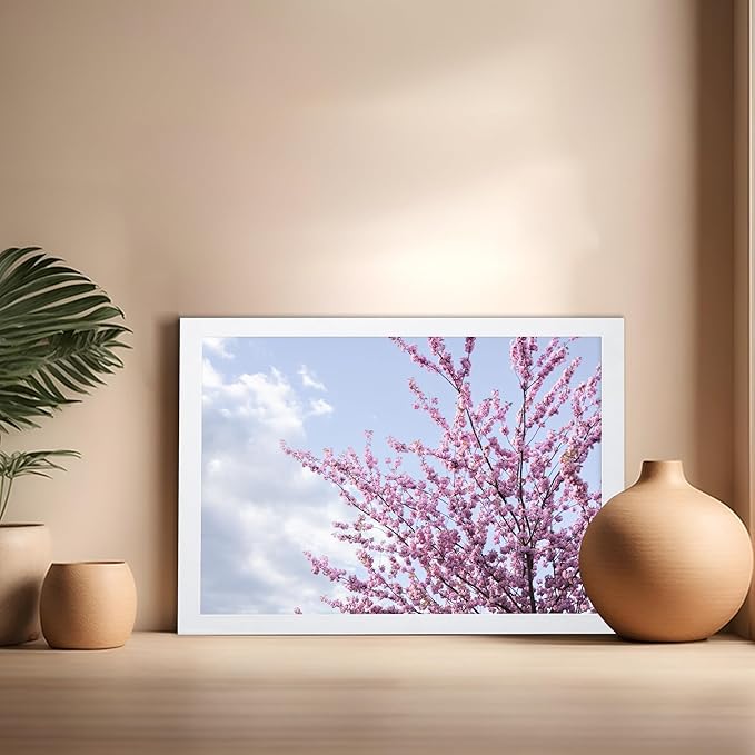 Monem Art Cherry Blossom Spring Sky Photography Print - Floral Nature Art Poster - Wall Decor for Living Room, Bedroom or Office - 16x20 White Framed Wall Art by Mareike Bohmer