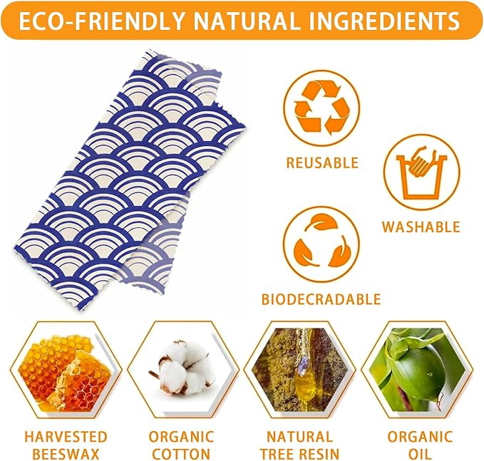 Reusable Beeswax Wraps, 9 Pack Sandwich Bowl Bread Food Storage, Organic Sustainable Zero Waste Plastic-Free, 1XL, 3M, 5S, Indigo Blue Floral Wave and Leaf Patterns