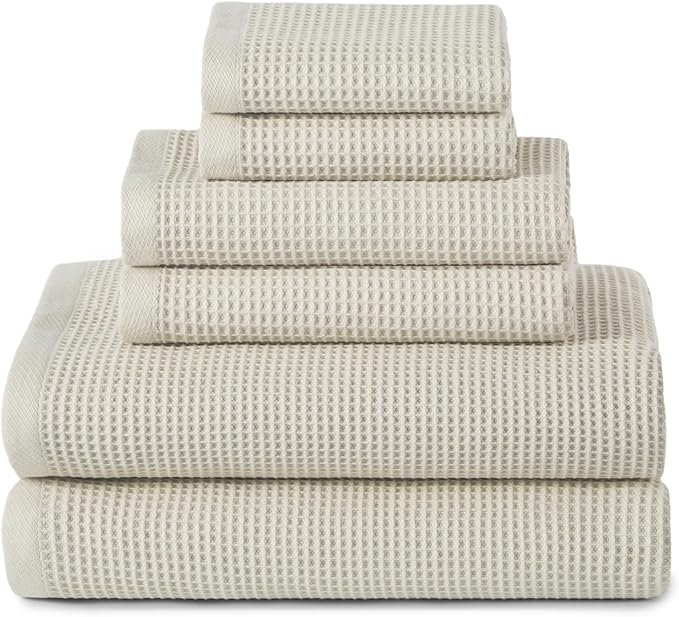ecolook 6-Piece Waffle Weave Towel Set, 100% Cotton, Lightweight, Absorbent & Quick-Drying, 2 Bath Towels (31×63 in), 2 Hand Towels, 2 Washcloths, Lint-Free for Bathroom, Pool, Gym, Travel - Khaki