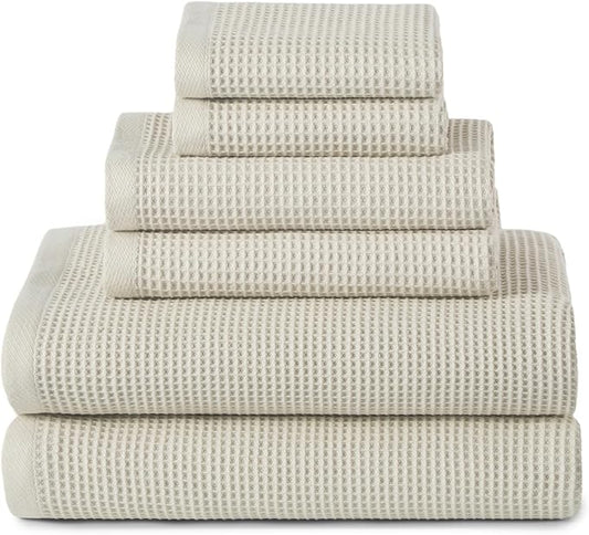 ecolook 6-Piece Waffle Weave Towel Set, 100% Cotton, Lightweight, Absorbent & Quick-Drying, 2 Bath Towels (31×63 in), 2 Hand Towels, 2 Washcloths, Lint-Free for Bathroom, Pool, Gym, Travel - Khaki