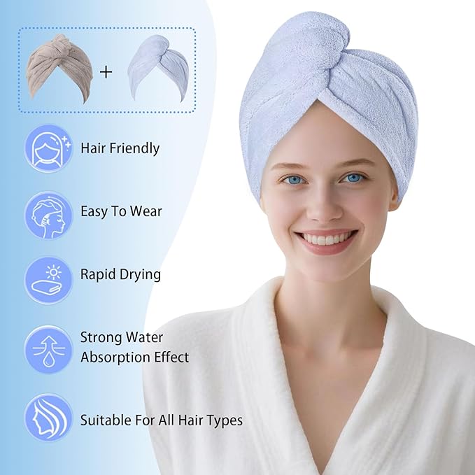 Microfiber Hair Drying Towel Wrap for Women, Hair Turbans Towel for Wet Hair,turbie Twist Hair Towels(The Color of the Picture is for Reference only) (Blue,Gray)