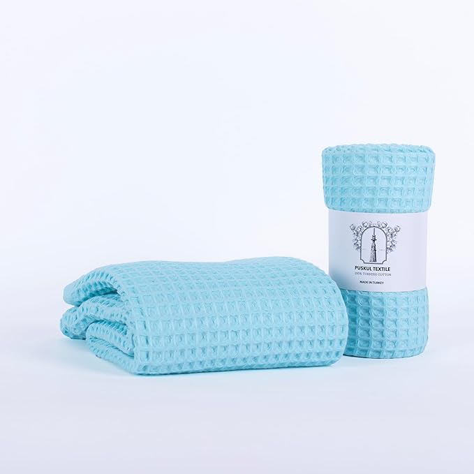 PÜSKÜL Pack of 2 Waffle Bath & Spa Towels - Premium 100% Turkish Organic Cotton - Quick Dry Thin Bath Towel for Bathroom - Made in Turkey (Turquoise, 32x63 inch)