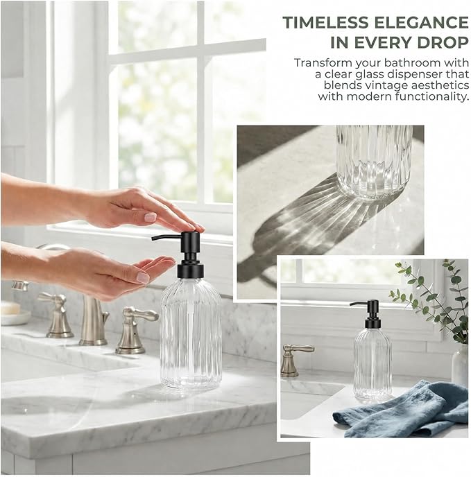 Clear Glass Soap Dispenser with Matte Black 304 Rustproof Stainless Steel Pump 18oz for Kitchen and Bathroom Hand Soap Dispenser Bottle