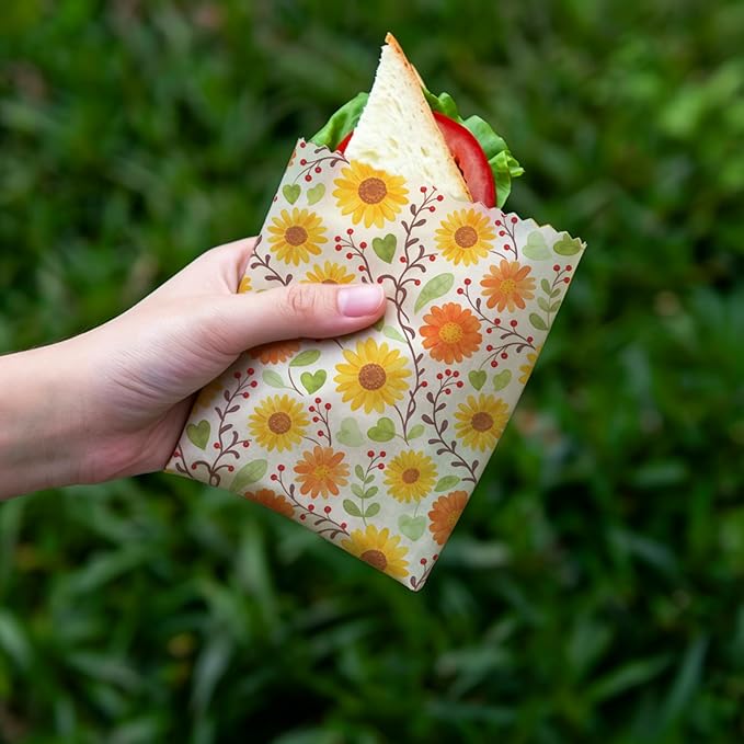 Reusable Beeswax Wraps, 9 Pack, For Sandwich, Bread, Fruit, Bowl, Eco-Friendly, Organic Cotton, Sustainable, Zero Waste, Plastic-Free, 1XL, 3M, 5S, Assorted Bread Floral Bee Patterns