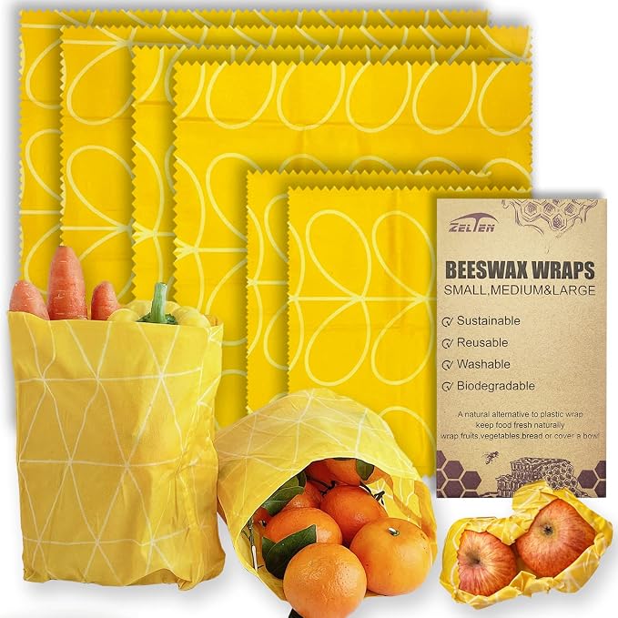 Beeswax Reusable Food Wraps - (6 Packs, 3 Sizes S,M,L, with 2 Meter Hemp Rope, Two Buttons) Plastic and Silicone Free, Eco-friendly Wrap, Wax Paper for Food,Eucalyptus