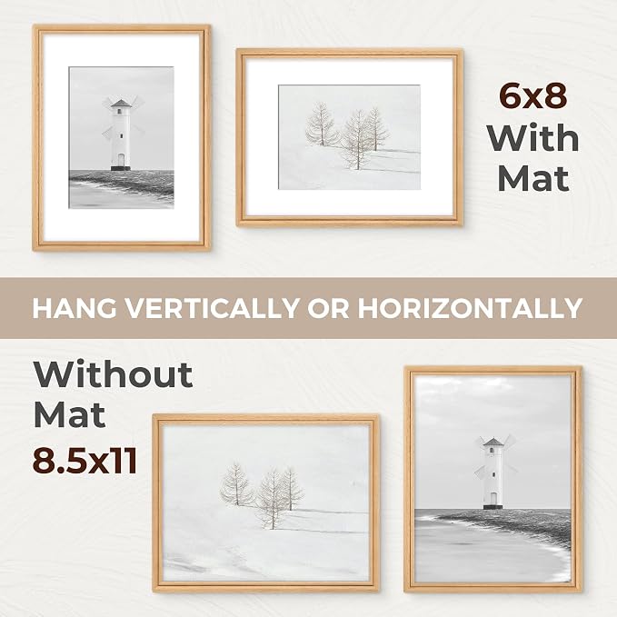 8.5x11 Picture Frame with Mat for 6x8, USA-Sourced Natural Beech Wood Handcrafted Rounded Corner with HD Tempered Glass, 8.5 x 11 Photo Frames Gallery Wall & Tabletop, Vertical or Horizontal Display