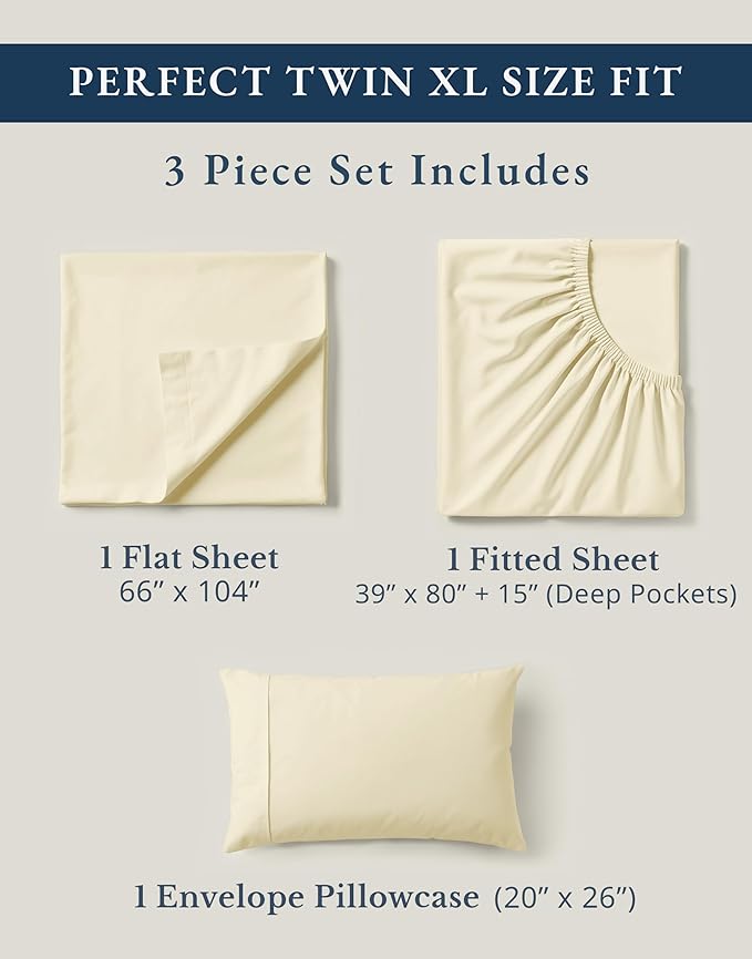 LANE LINEN 100% Organic Cotton Twin XL Sheets Set, 3-Piece Pure Organic Cotton Percale Sheets, Cotton Bedsheets, Ultra Soft Bedding Sheets, Breathable, Fits Mattress Upto 15" Deep - Natural