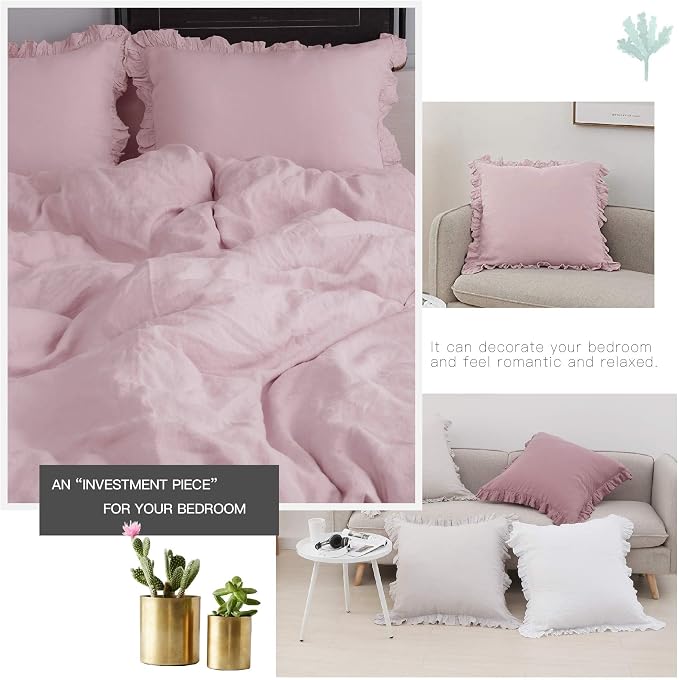 Simple&Opulence 100% Linen Euro Sham Covers with Ruffle, 26x26 Inch Pillow Covers Set of 2, Euro Pillow Shams for Bed Couch French Home Decor Luxury and Breathable Square Pillow Cases, Blush Pink