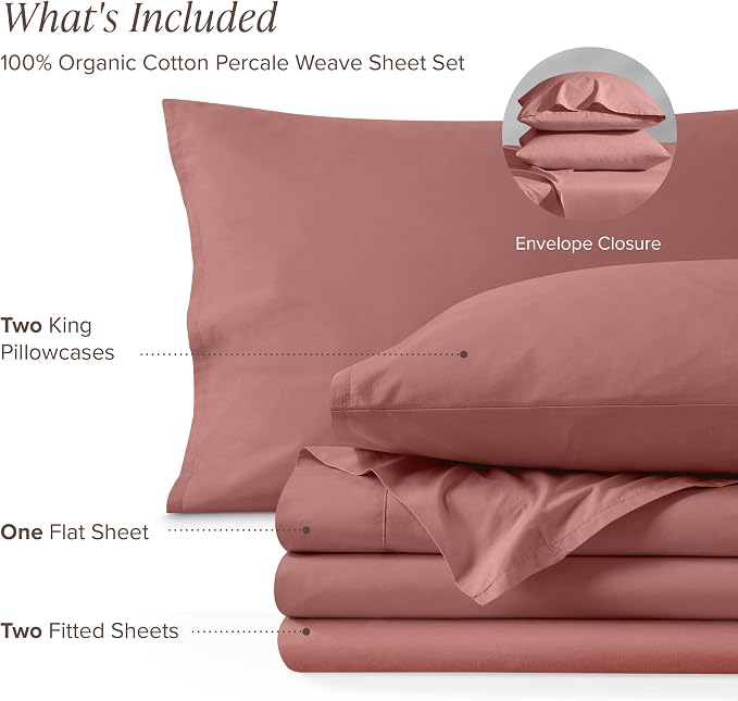 Bare Home 100% Organic Cotton Split King Sheet Set - Crisp Percale Weave - Lightweight & Breathable - Bedding Sheets & Pillowcases (Split King, Dusty Rose)