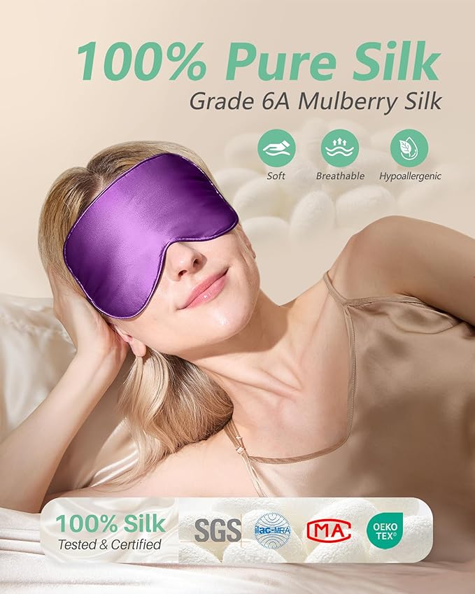 BeeVines Sleep Mask, 4 Packs 100% Real Natural Pure Silk Eye Masks with Adjustable Strap for Sleeping, Mulberry Silk Eye Sleep Shade Cover, Block Light Reduces Puffy Eyes Traveling Gifts(Purple)
