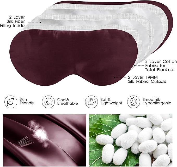 100% Mulberry Silk Eye Mask for Sleeping with Silk Wrapped Adjustable Strap,Burgundy