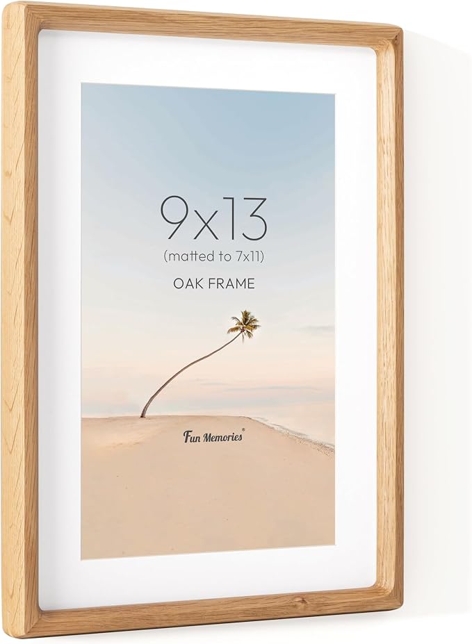 Fun Memories 9x13 Picture Frame, USA-Sourced Oak Wood Photo Frames with HD Tempered Glass, Handcrafted Rounded Corner 9 x 13 Wooden Frame Matted to 7x11 Photos, 9x13 Frames, Tabletop or Wall Display
