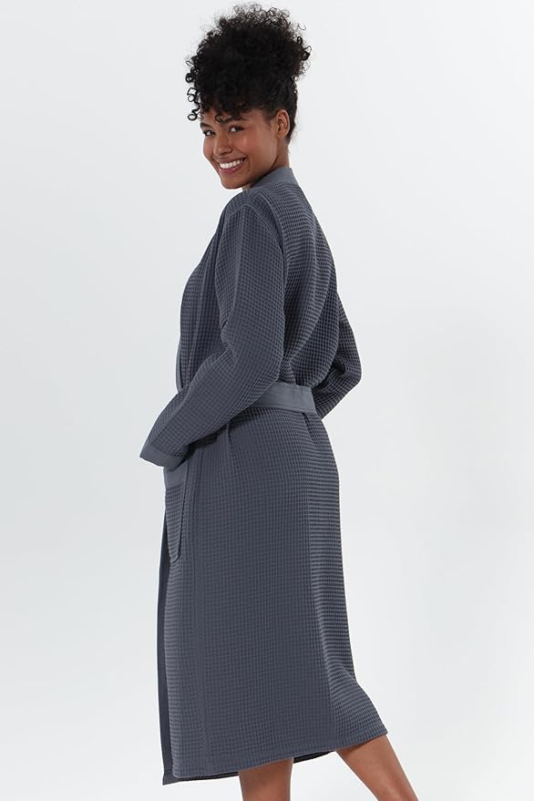 SEYANTE Women's Organic Cotton Waffle Kimono, Hooded Robe – GOTS Certified Lightweight Full-Length Spa Bathrobe with Piping