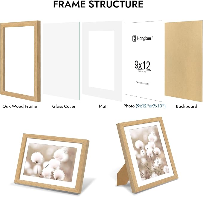 Hongkee 9x12 Oak Wood Picture Frame 1 Pack(Matted 7x10), Real Glass Cover | Natural, 9 x 12 Solid Wood Frame for Wall or Tabletop Display - Includes Easel Back, Vertical Hang - Ideal for Home, Office