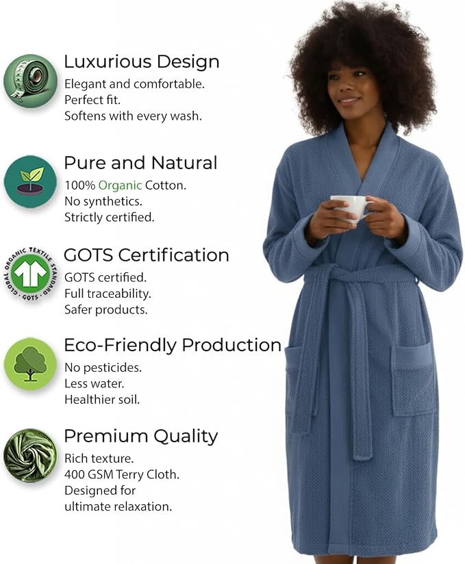 SEYANTE Turkish Cotton Bathrobe for Women - Organic GOTS Certified Terry Hooded Kimono Robe - Spa Quality Women's Cotton Robe