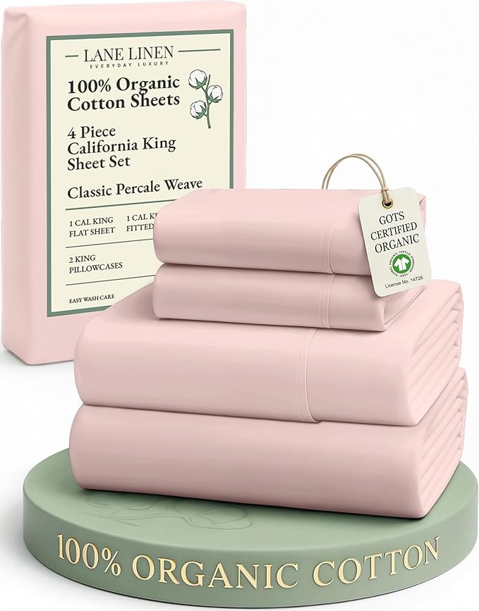 LANE LINEN 100% Organic Cotton Fully Elasticized California King Sheet Set, Low Pilling Fade Resistant Machine Washable Naturally Cooling Mercerized Soft & Comfy Cotton Sheets – Sepia Rose