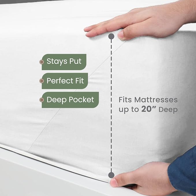 EcoPure Queen Size Sheet Set, White | 100% Organic Cotton, Comfort Washed, Cooling, Deep Pocket, GOTS Certified