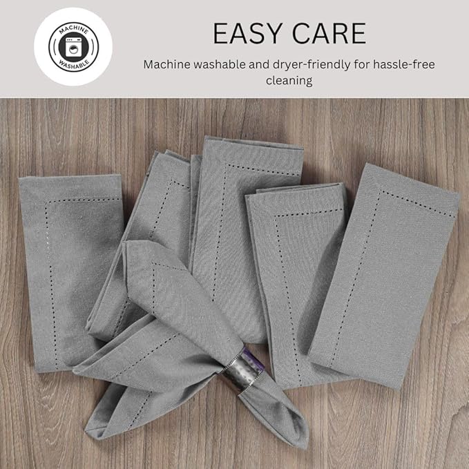 Hemstitch Cloth Dinner Napkins 100% Cotton Set of 6 - for Dining Special Occasions Weddings Parties Holidays Easter - Soft Durable Washable - 18x18 Inch Table Cloth Napkins Light Grey