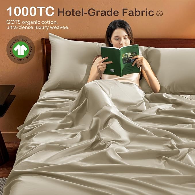 SONORO KATE 100% Organic Cotton Sheets Set - 1000 High Thread Count, GOTS Certified Long Staple Cotton Bed Sheets, Soft, Breathable 5-Star Hotel Sheets, 16" Deep Pockets - 4 PC (Linen,Queen)