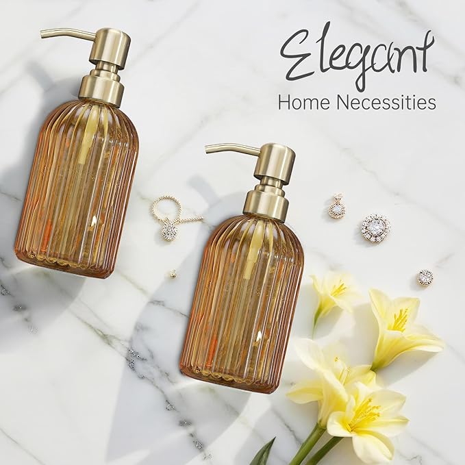 16 OZ Amber Glass Soap Dispenser, Amber Stripe Bathroom Hand Soap Dispensers with Stainless Steel Brushed Gold Pump,Brown Glass Kitchen Hand Soap Dispenser with Brushed Gold Pump,2 Packs