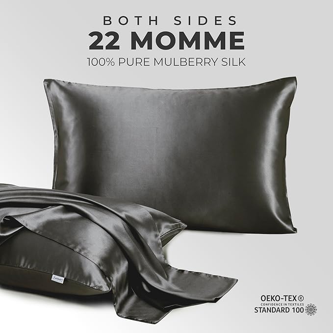 100% Pure Mulberry Silk Pillowcase for Hair and Skin, 6A Grade 22 Momme Silk Pillow Cases with Zipper, Soft Cooling Washable Both Sided Silk Pillow Cover (Charcoal, Standard 20''x26’’)