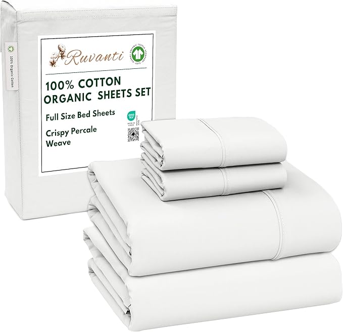 RUVANTI 100% Cotton Organic Percale Sheets Full Size – Crisp Cooling Bed Sheets for Hot Sleepers, Deep Pocket 15”, Soft Peach Finish, Breathable & Durable Hotel-Style 4 Pcs, Bit of Blue