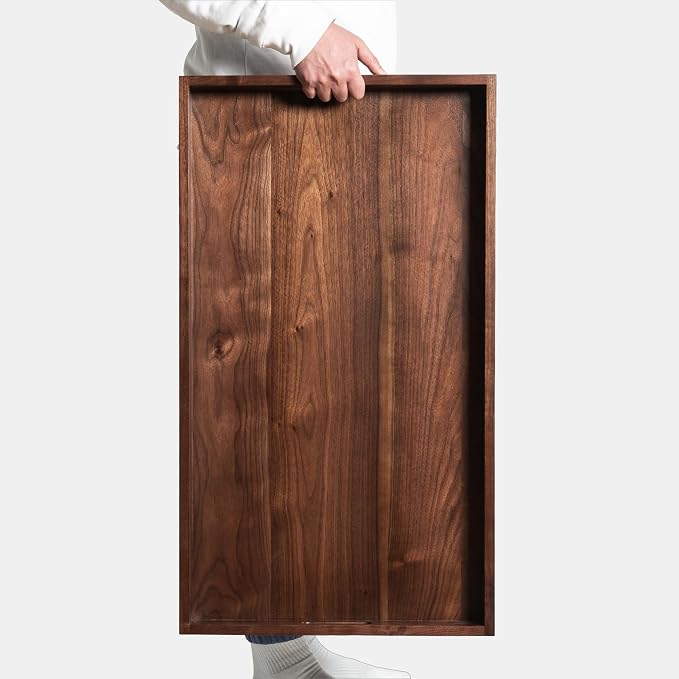 32"x18" Wooden Ottoman Tray with Handle FSC Natural Handmade Rectangle Black Walnut Serving Tray Vintage Decorative Platters for Oversized Ottoman Kitchen