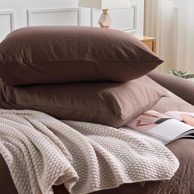 NEXHOME PRO Full Duvet Cover Set – 100% Certified Organic Cotton with Washed Feel & Linen-Like Texture, Comfortable & Breathable, Home Bedding Set Dark Brown (No Comforter)