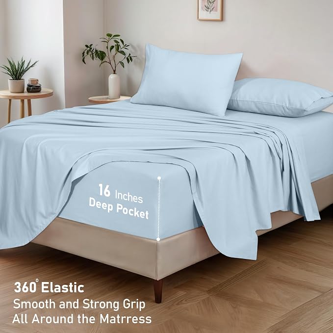 RUVANTI Flannel Sheets Full Size - GOTS Certified 100% Organic Cotton, 4 Piece Warm, Soft & Breathable Set, Deep Pocket Snug Fit, Double Brushed Cozy All Season Bedding, Baby Blue