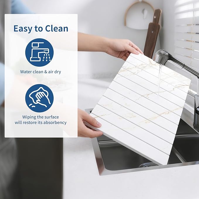 Hopegiver Stone Drying Mat for Kitchen Counter, 24" x 16" Quick Dry Diatomaceous Earth Dish Drying Mat, Super Absorbent, Non-Slip & Foldable, Modern Marble Countertop Mat (GoldenMarble,24''x16'')
