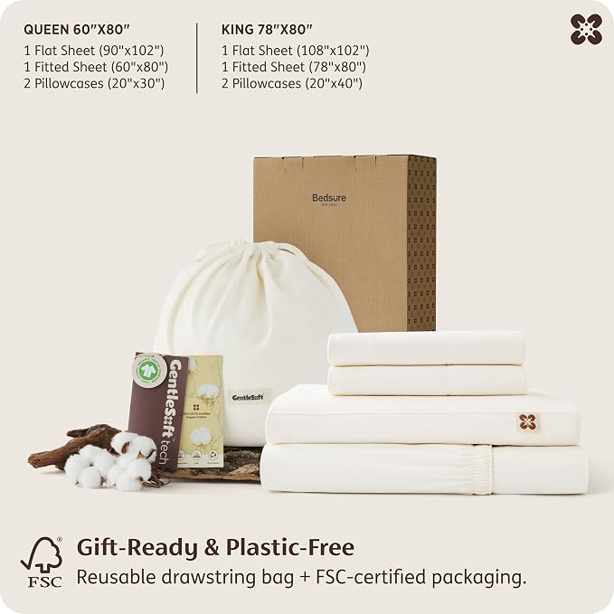 Bedsure 100% GOTS Certified Organic Cotton Sheets, Full Size Sheets, 16" Deep Pocket Bedsheets with Corner Straps, Eco-Friendly, Soft, Breathable & Luxury PureWoven Cotton Hotel Bedding, Ivory
