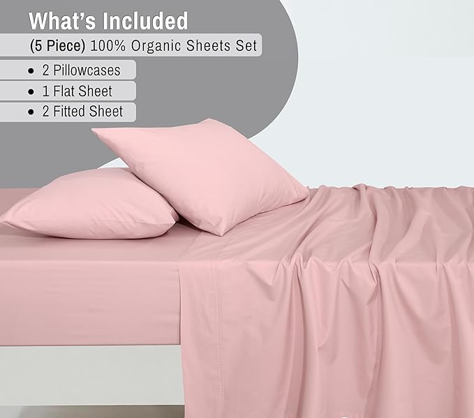 RUVANTI 100% Cotton Organic Percale Sheets Split King Size – Crisp Cooling Bed Sheets for Hot Sleepers, Deep Pocket 15”, Soft Peach Finish, Breathable & Durable Hotel-Style 5 Pcs, Peach Skin